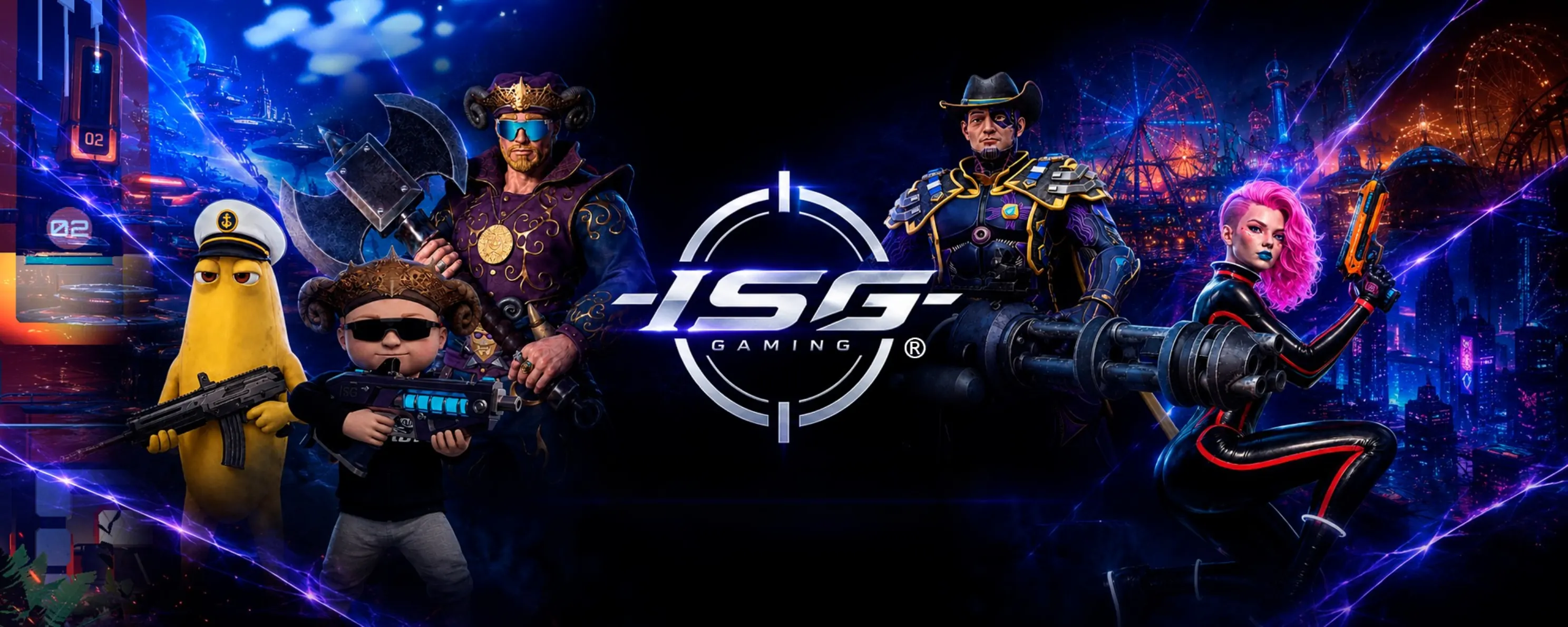 The ISG Gaming character lineup — Baby Blake and crew — around the ISG Gaming logo
