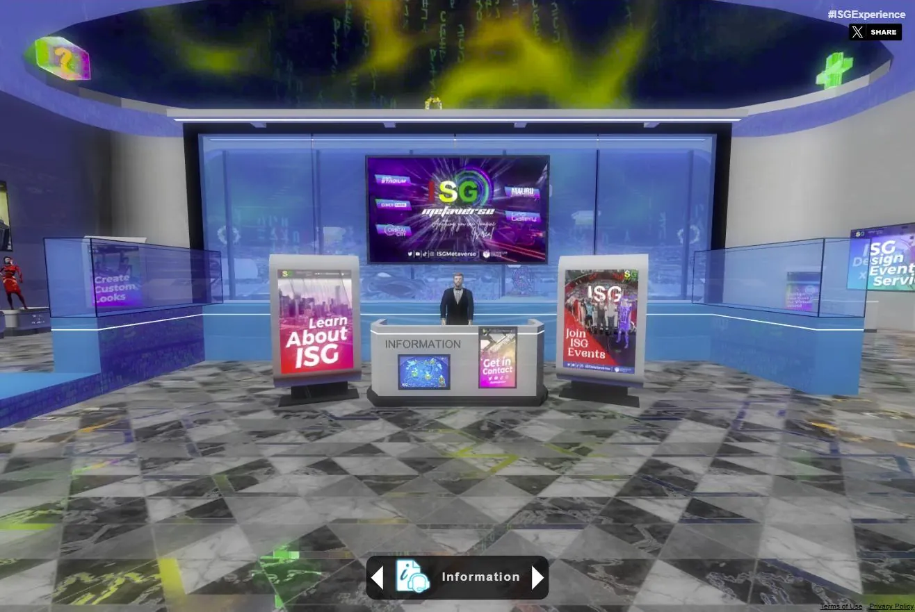 The ISG Metaverse virtual lobby — information desk, kiosks, and the ISG screen